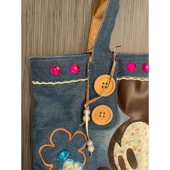 Walt Disney World Mickey Mouse Denim Embroidery Flowers Button Large Tote Purse - Picture 3 of 10
